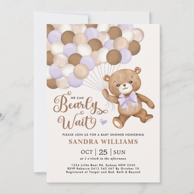 Lila Vi kan bota Nallen Baby Shower Inbjudningar (Framsida)