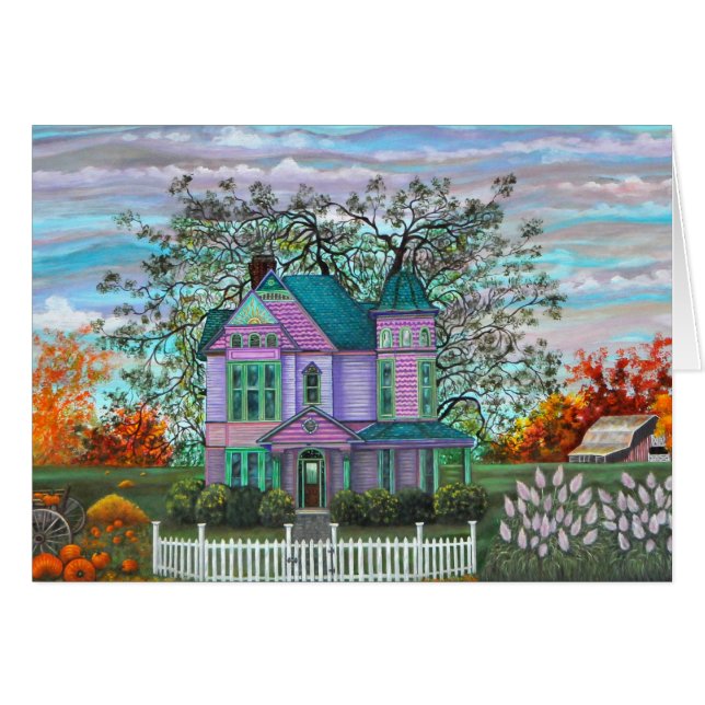 Lila Victorian House Pumpkins Wagon Fall Träd Hälsningskort (Framsidan Horizontal)