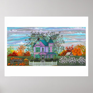 Lila Victorian House Wagon Pumpkins Fall Träd Poster