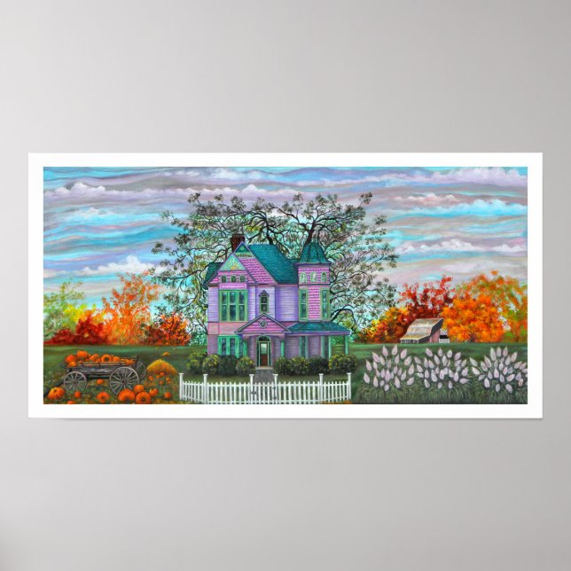 Lila Victorian House Wagon Pumpkins Fall Träd Poster (Framsidan)