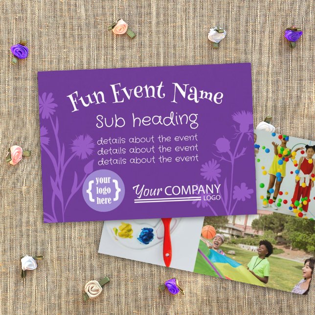 Lila, Vild Flowers-händelsekort Visitkort (purple announcement flyer card, announce your event, purple cardstock, business logo, sports logo)