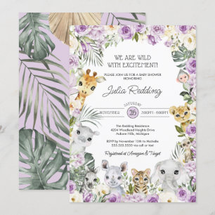 Lila Vild Jungle Safari Animals Baby Shower Inbjudningar
