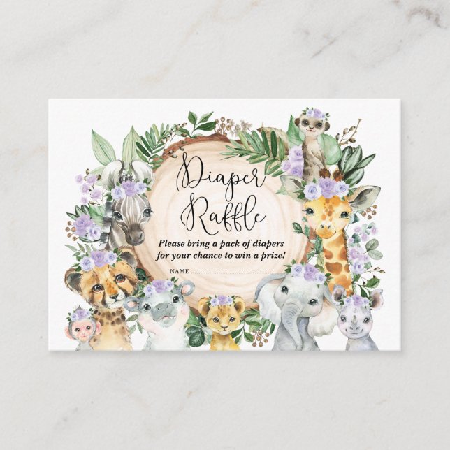 Lila Vild Safari Animals Baby Diaper Raffle Tilläggskort (Framsida)