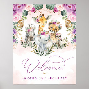 Lila Vild Safari Animals Birthday Välkommen Poster