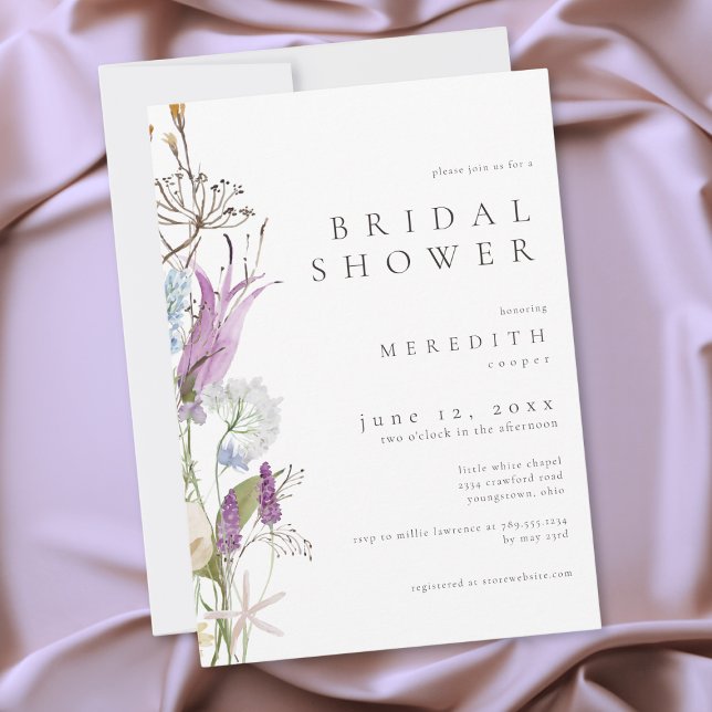 Lila vildblomma akvarell minimal bröllopsdusch inbjudningar (Purple Wildflower Watercolor Minimal Bridal Shower Invitation)