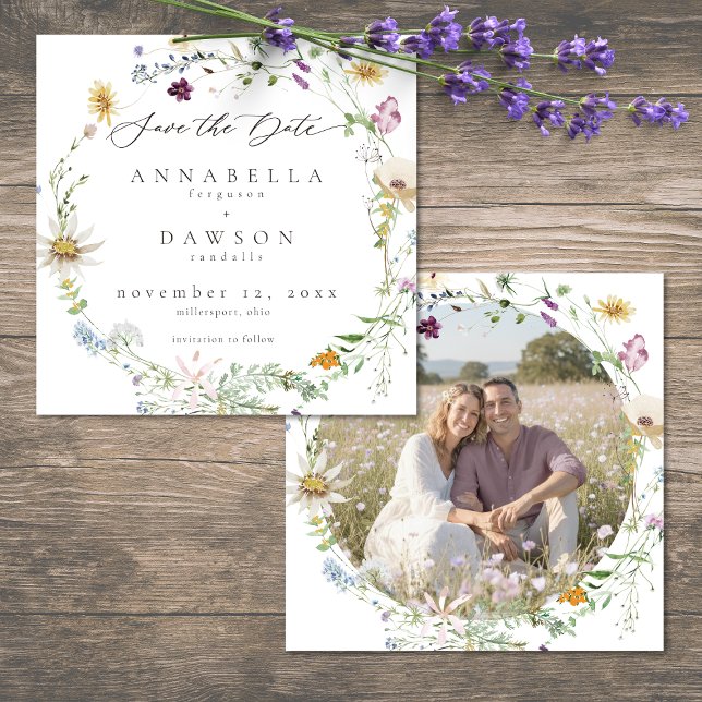 Lila vildblomma akvarell minimal bröllopsfoto spara datumet (Purple Wildflower Watercolor Minimal Wedding Photo Save The Date)