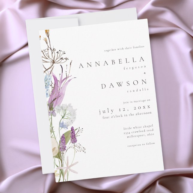 Lila vildblomma akvarell minimalistisk bröllop inbjudningar (Purple Wildflower Watercolor Minimalist Wedding Invitation)