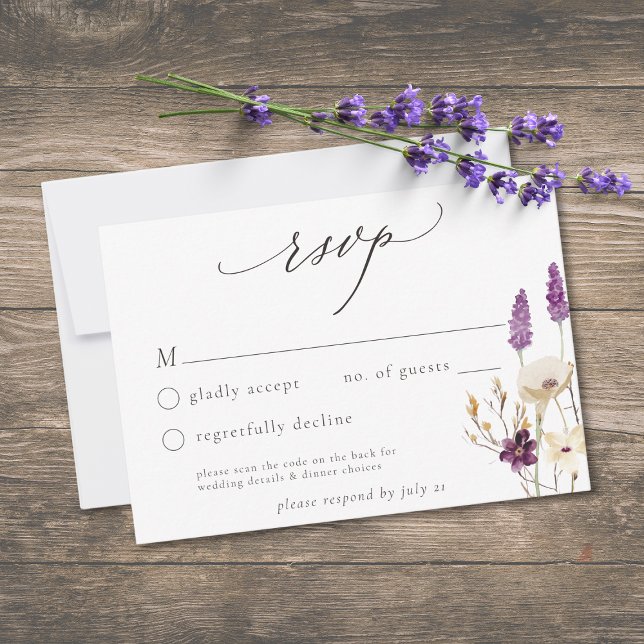 Lila Vildblomma Akvarell Minimalistisk Bröllops QR OSA Kort (Purple Wildflower Watercolor Minimalist Wedding QR RSVP Card)