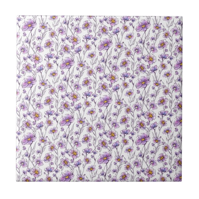 Lila vildblomma botaniskt mönsterdesign kakelplatta (Framsidan)