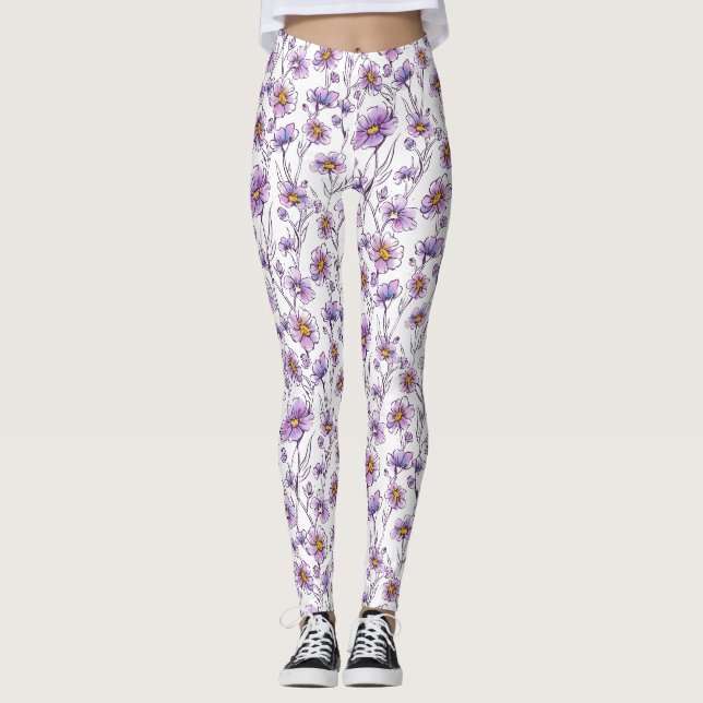 Lila vildblomma botaniskt mönsterdesign leggings (Framsida)