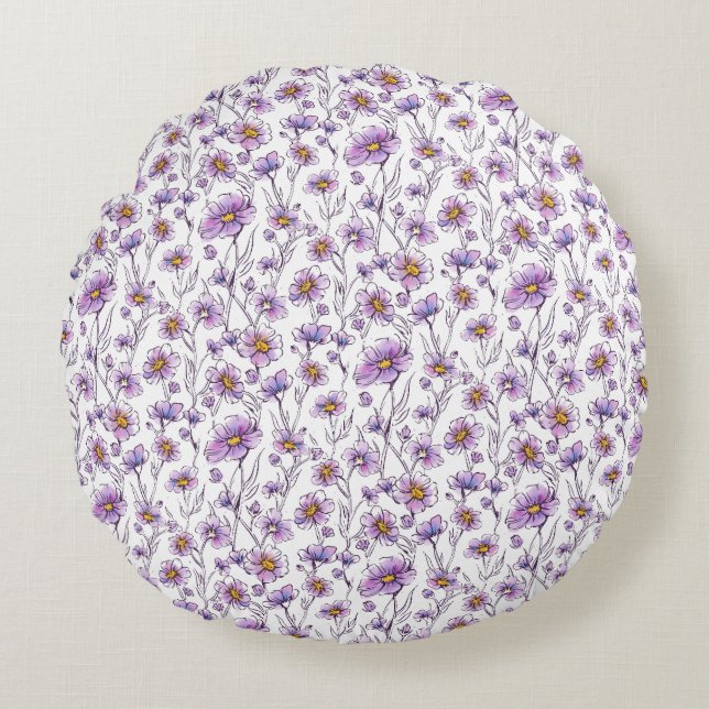 Lila vildblomma botaniskt mönsterdesign rund kudde (Framsidan)
