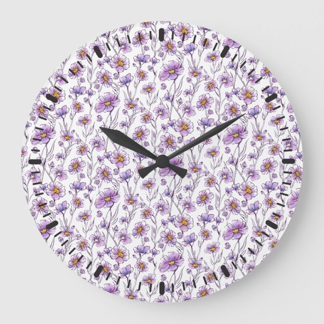Lila vildblomma botaniskt mönsterdesign stor klocka (Framsida)