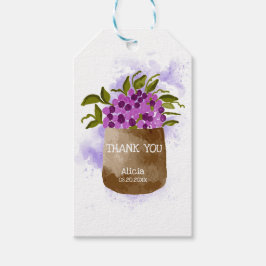 Lila vildblomma på kruka Vattenfärg Tack Presentetikett