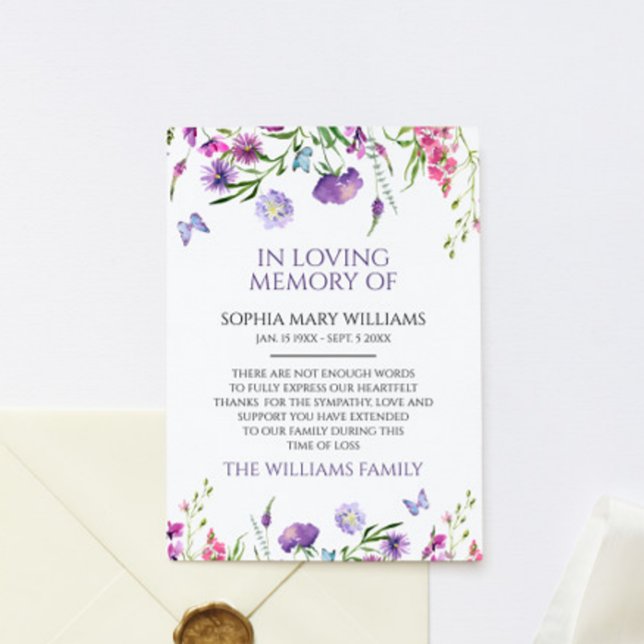 Lila vildblommor kondoleanskort minneskort tackkor tack kort (Skapare uppladdad)