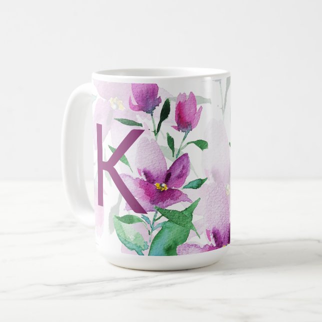 Lila vildblommor vattenfärg monogram kaffemugg (Framsida vänster)