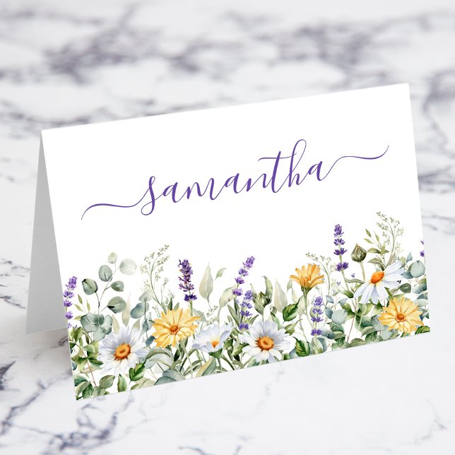 Lila vildblommor Vattenfärgskant Platskort Bordsnummer (Purple Wildflowers Watercolor Border Individual Place Cards)