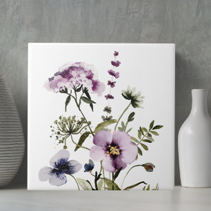 Lila vildbukett vattenfärg blommor kakelplatta