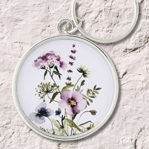 Lila vildbukett vattenfärg blomster rund silverfärgad nyckelring
