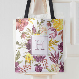 Lila vinröd blomstervattenfärg snyggt monogram tygkasse