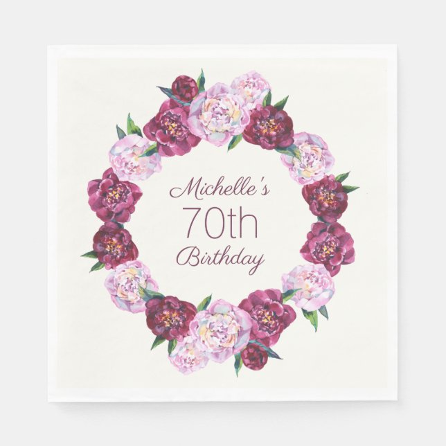 Lila Vintage Blommig Krans 70-årsdag  Pappersservett (Framsidan)