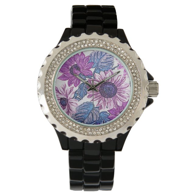 Lila Vintage Blommönster Armbandsur (Framsida)