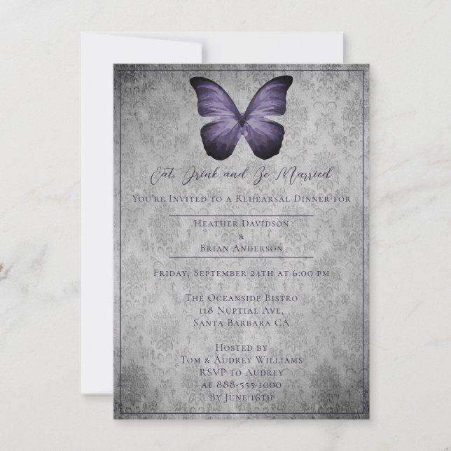 Lila Vintage Butterfly Damask Rehearsal Dinner Inbjudningar (Framsida)