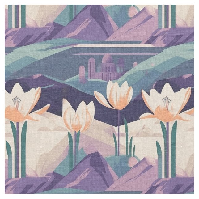 Lila Vintage Crocus Geometric Mönster Design Tyg (Närbild)
