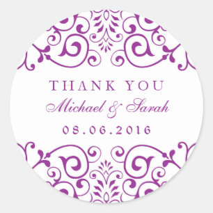 Lila Vintage Swirl Blommigt Tack Stickers Runt Klistermärke