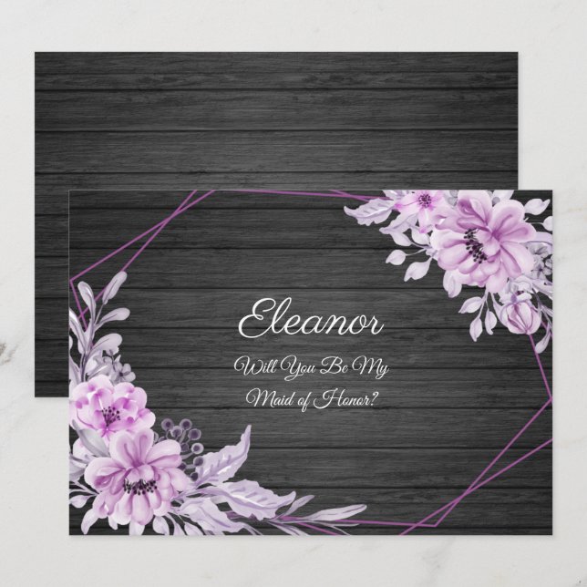 Lila Vintage Vattenfärgsblommor på Rustic Wood Inbjudningar (Fram/baksida)