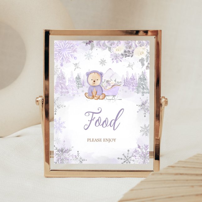 Lila Vinter Bear Baby Shower Food Poster (Purple Teddy Bear Baby Shower Food Sign)