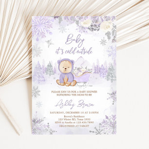 Lila Vinter Bear Baby Shower Inbjudningar