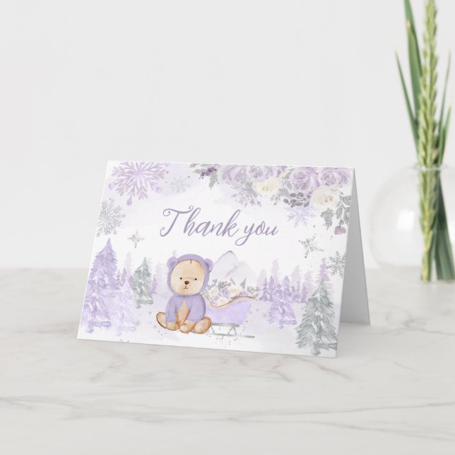 Lila Vinter Bear Baby Shower Tack Kort (Framsida)