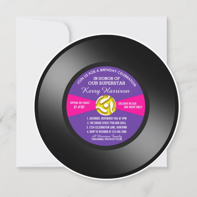 Lila vinylskiva 45-varvs födelsedagsfest inbjudningar (Framsida)