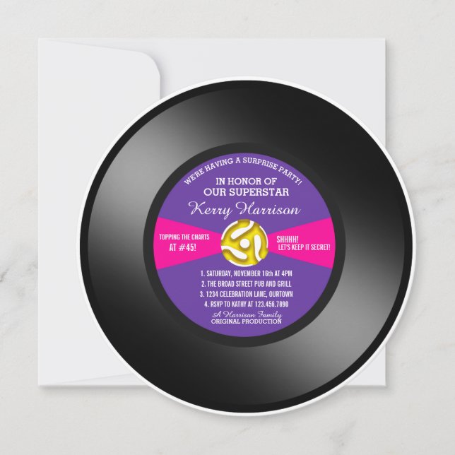 Lila vinylskiva 45-varvs överraskningsfest inbjudningar (Framsida)