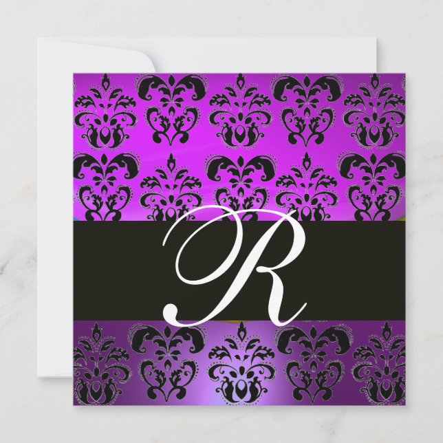 LILA VIOL SVART DAMAST MONOGRAM,,vit Inbjudningar (Framsida)