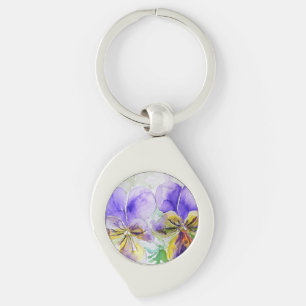 Lila Viola Blommigt blommor Vattenfärgsfärgtoning Swirl Silverfärgad Nyckelring
