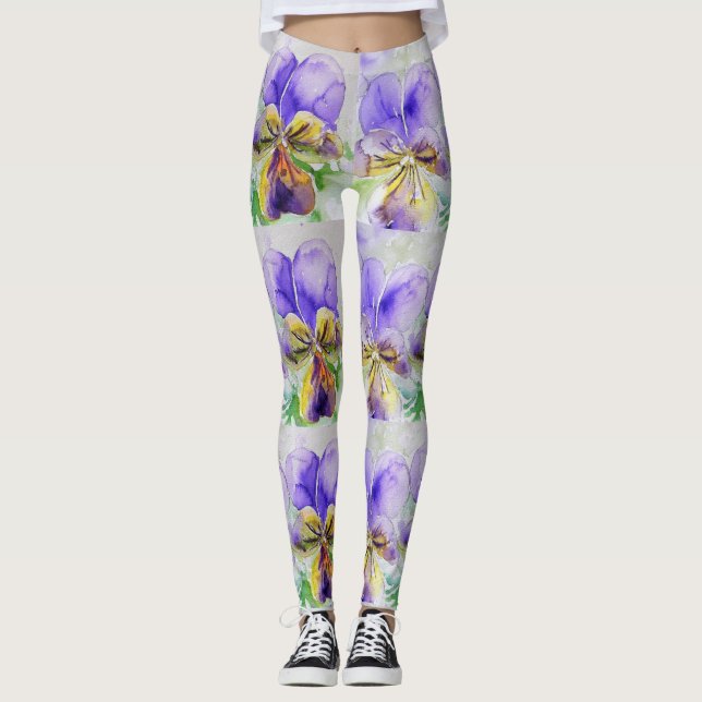 Lila Viola Blommigt Flower Watercolor Leggings (Framsida)