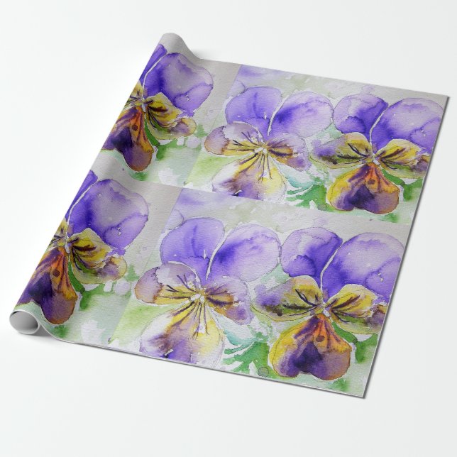 Lila Viola Pansy-blommor Vattenfärgsvällning Presentpapper (Utrullad)