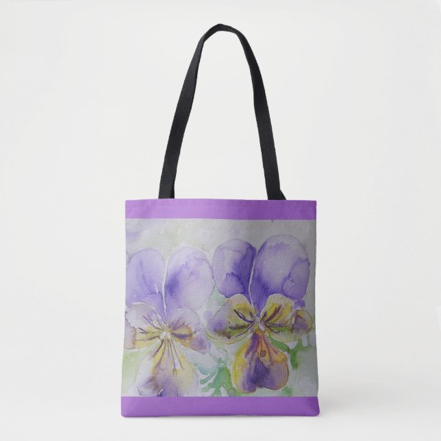 Lila Viola Pansy Flowers Blommigt Tote Bag Tygkasse (Framsida)