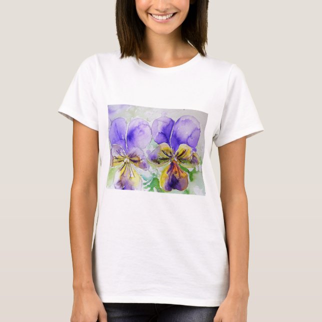 Lila Viola Pansy Watercolor-målning T Shirt (Framsida)