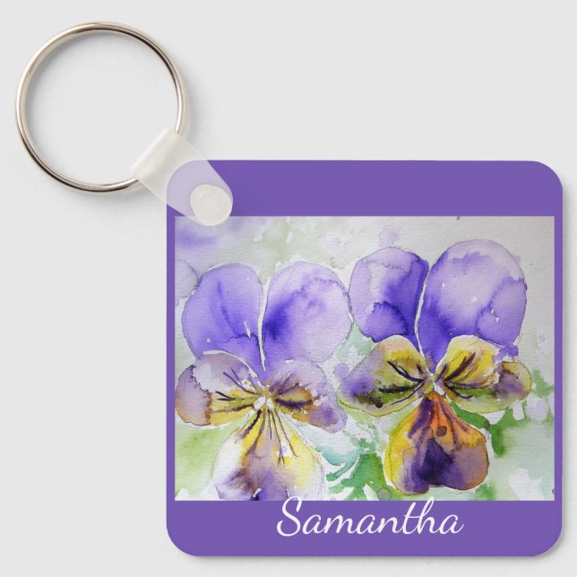 Lila Viola Violer Akvarell blom- Nyckelring (Framsida)