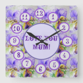 Lila Viola Watercolor Blommigt Acrylic Wall Clock Fyrkantig Klocka