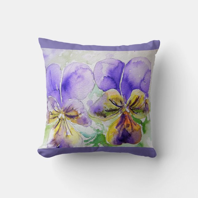 Lila Viola Watercolor Flower blommigt Cushion Kudde (Framsida)