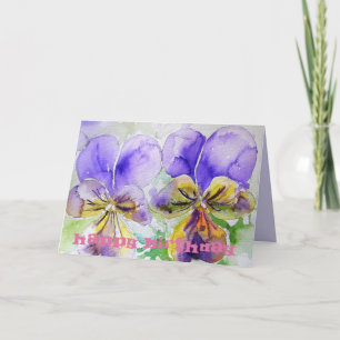Lila Violas Pansy Watercolor art Birthday Card Kort