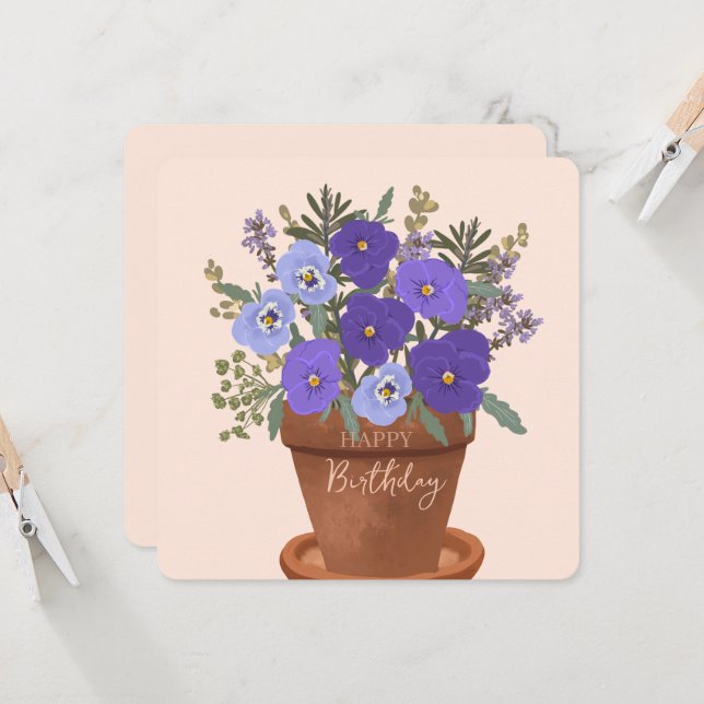 Lila violer februari födelsedagsblomma bukett kort (Fram/Back In Situ)