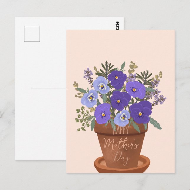 Lila violer i en kruka – Morsdag blommor Vykort (Fram/baksida)