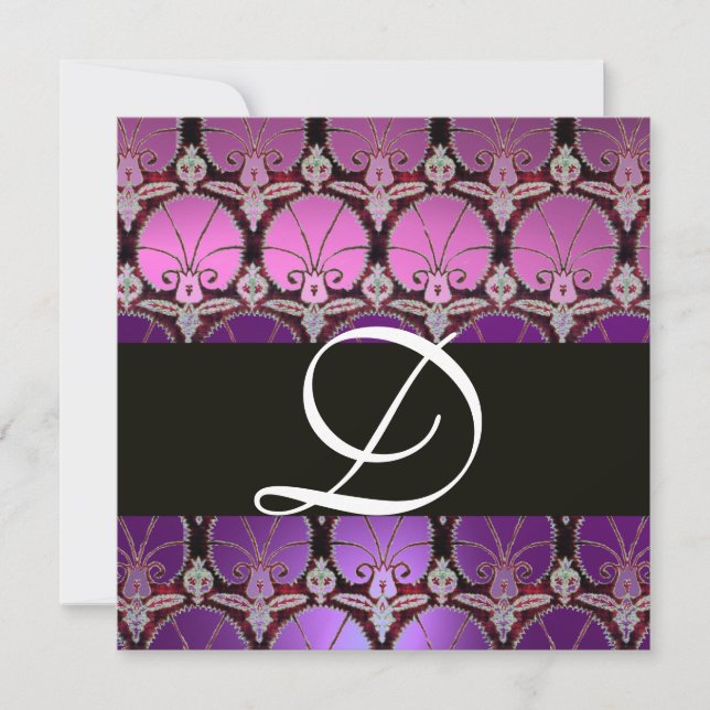 LILA VIOLET BLACK DAMASK CARNATIONS MONOGRAM INBJUDNINGAR (Framsida)