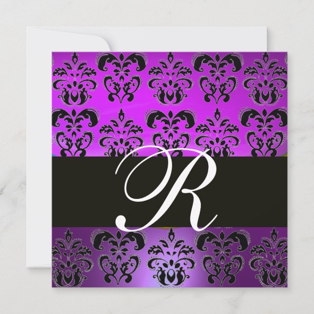 LILA VIOLET BLACK DAMASK MONOGRAM,,vit Inbjudningar (Framsida)