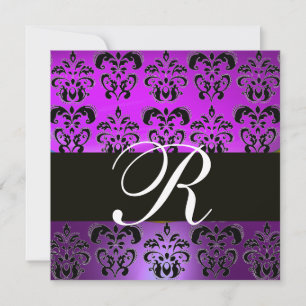 LILA VIOLET BLACK DAMASK MONOGRAM,,vit Inbjudningar