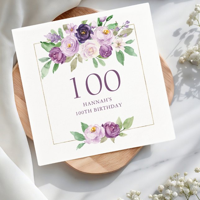 Lila | Violet Blommigt 100:e födelsedagen Pappersservett (Skapare uppladdad)